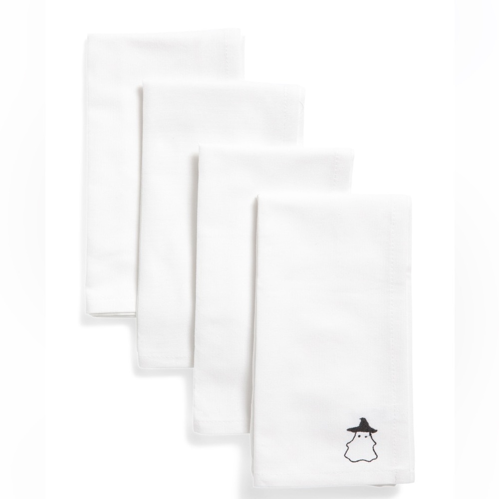New! cupcakes & cashmere White Ghost Embroidered Napkins, Set of 4